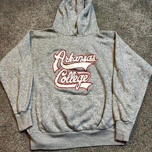 Vintage 1980s Arkansas College grey hoodie with red and white lettering‎
